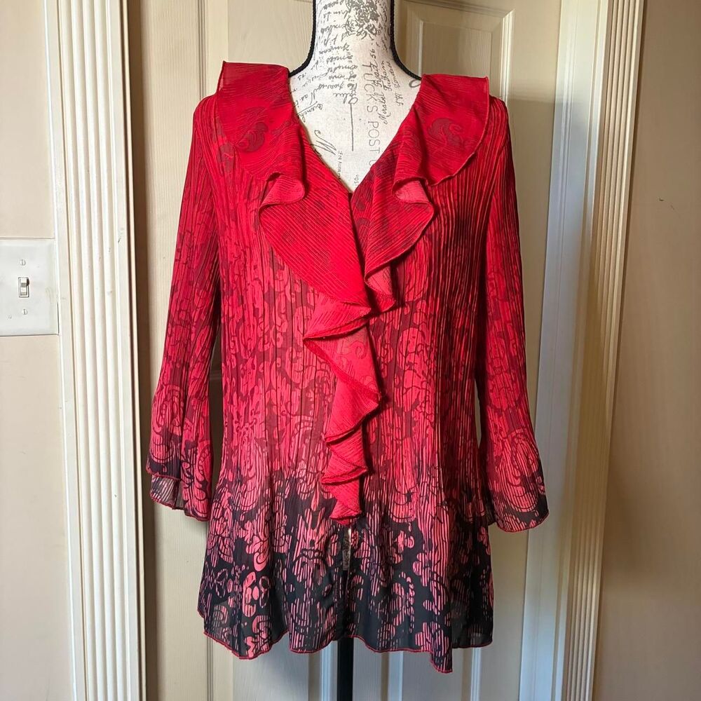 Whimsygoth Y2K Red To Black Floral Ruffle Button Blouse w/Bell Sleeves